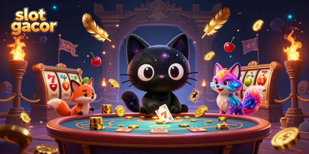 Menggali slot gacor dengan kucing hitam 3D yang menarik chip emas di kasino kosmik