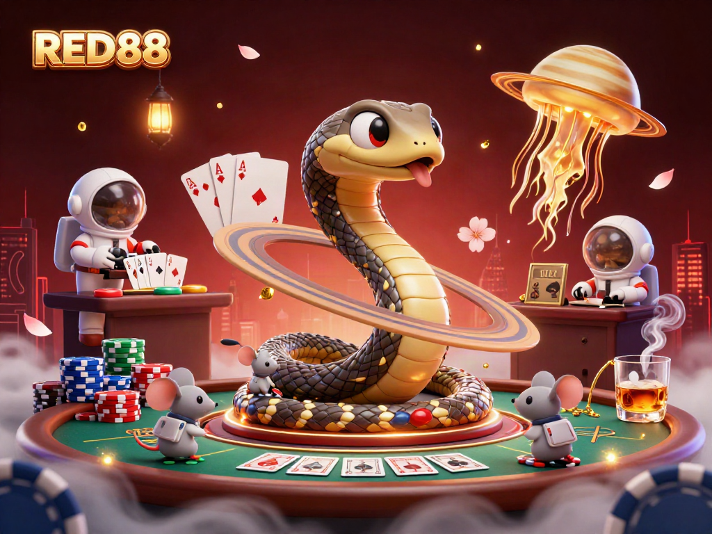 Bet on RED88 with astronaut mice while a cosmic dealer oversees this vibrant casino scene.