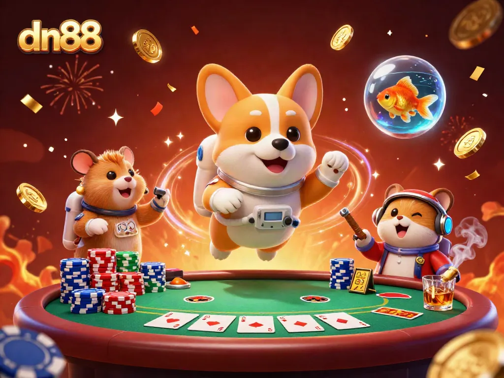 Engage with dn88 in a vibrant casino scene, featuring a playful astronaut corgi among floating poker chips.
