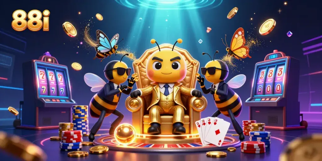 Experience thrilling gameplay at 88i, where golden coins cascade around a bumblebee mob boss in a vibrant casino atmosphere.