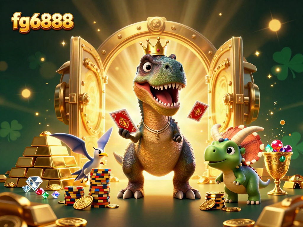 fg6888 thể hiện khung cảnh casino đầy màu sắc với khủng long và vàng kiếm được.