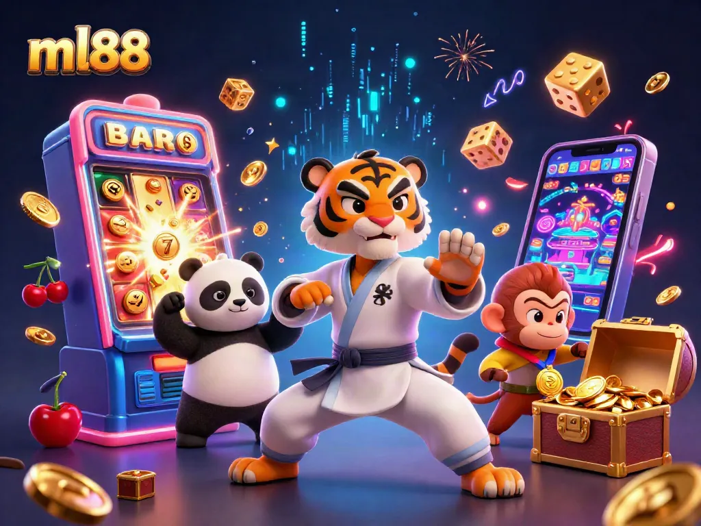 Experience high-energy gameplay with ml88 as kung fu characters and vibrant casino elements collide in a dynamic scene.
