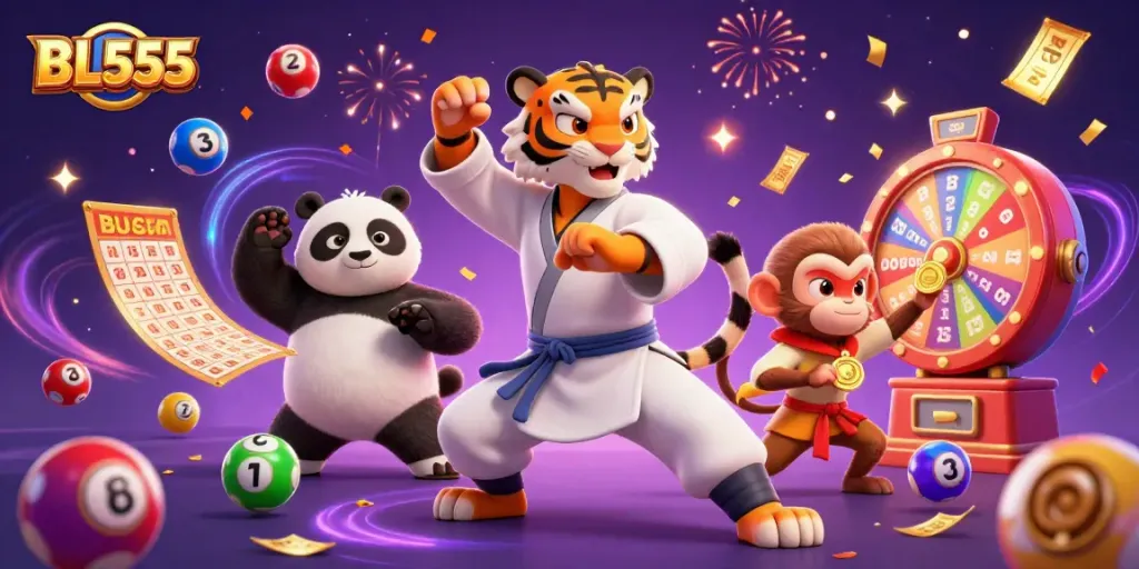 Join the fun with BL555 as exciting lottery balls bounce around dynamic characters in a vibrant casino scene.