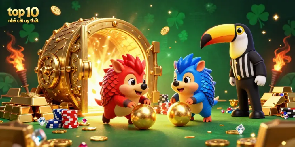 The playful depiction of top 10 nhà cái uy tín showcases rival pangolins in a casino setting, surrounded by gold and poker chips.