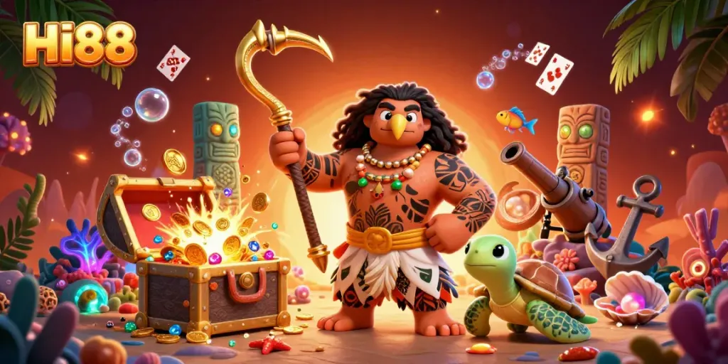 Experience the fun and excitement of HI88 with a vibrant casino scene featuring playful characters and game elements.