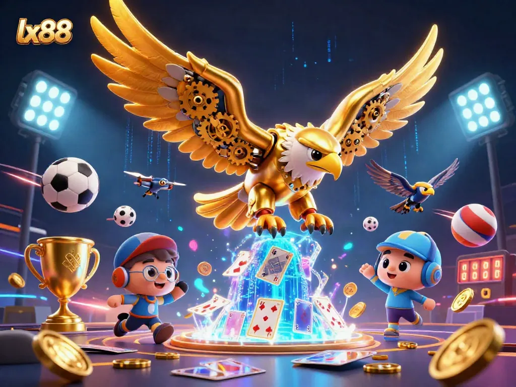 Experience thrilling gameplay with lx88 as the cybernetic eagle dives through holographic cards.