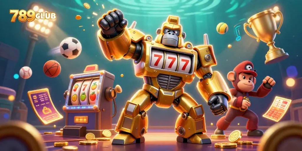 Engage with thrilling slot action at 789CLUB with a dynamic 3D gaming illustration.