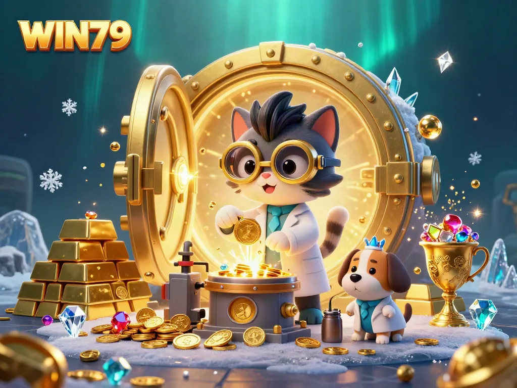 WIN79's mad scientist cat and assistant shine in a vibrant casino illustration filled with gold and treasures.