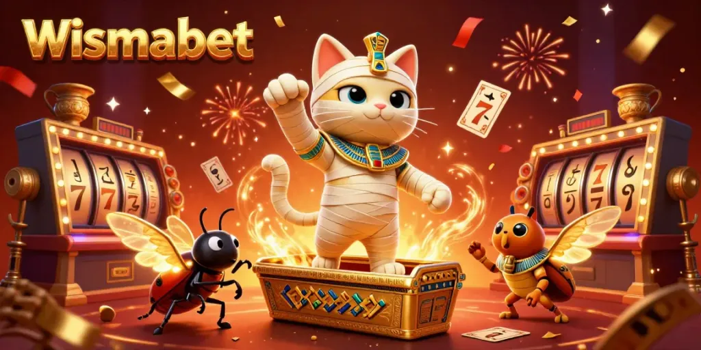 Menangkan hadiah besar di Wismabet dengan karakter kucing mummy dan elemen kasino yang cerah.
