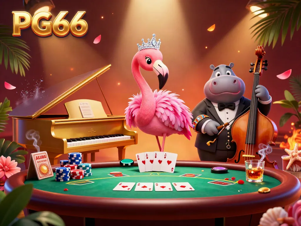 Enjoy thrilling games with PG66 in this vibrant cartoon scene featuring a flamingo singer and hippo bassist in a lively casino.