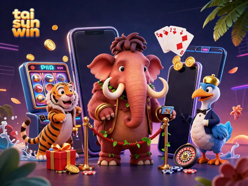 Experience the vibrant world of tai sun win with a lively scene featuring a mammoth bouncer, a saber-tooth tiger, and a dodo, amidst casino elements.