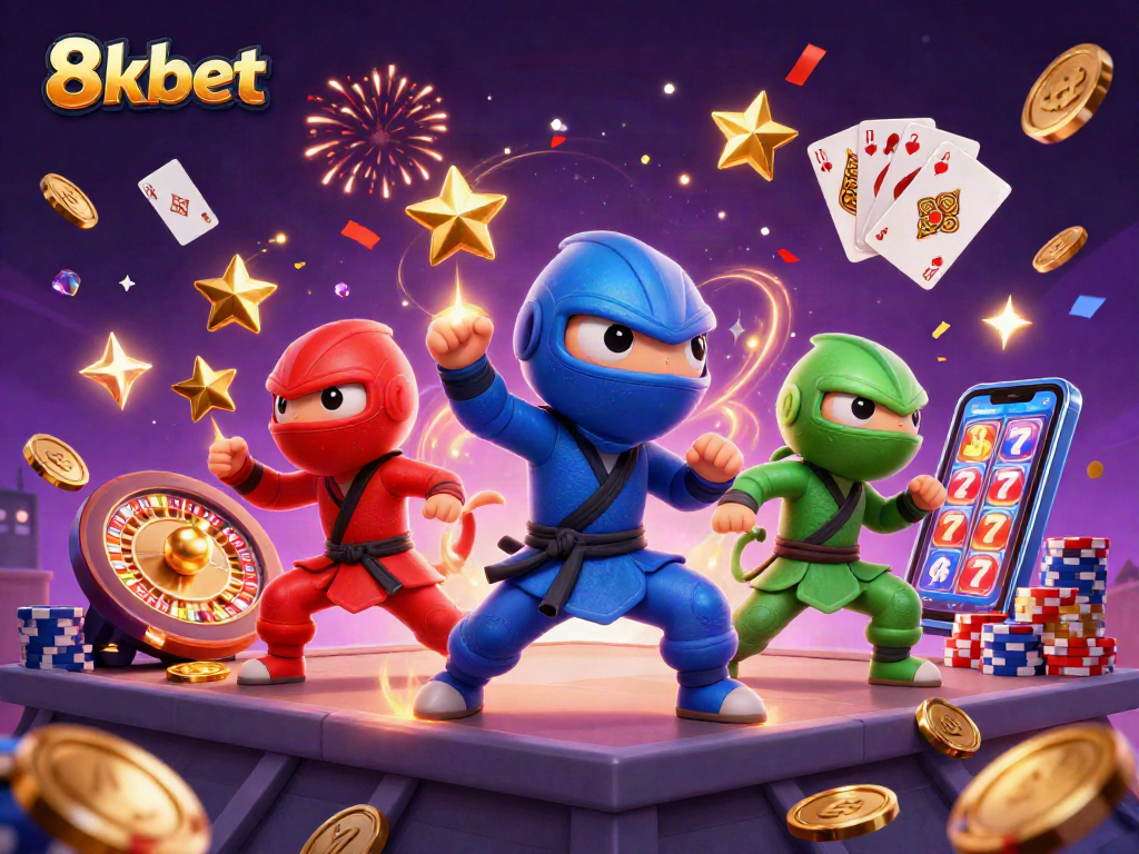 Experience the thrill of gaming with 8xbet as chameleon ninjas celebrate casino wins.