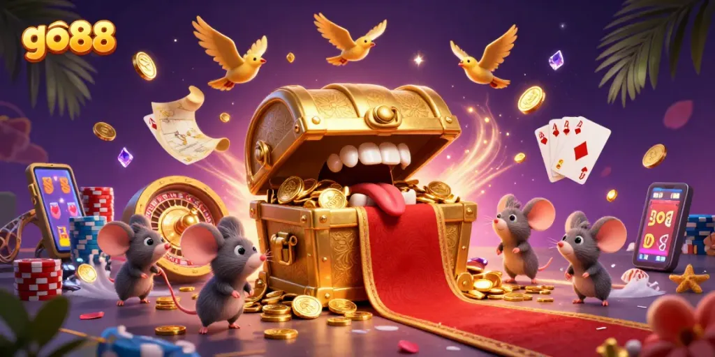 Experience go88's excitement with a treasure-themed 3D casino scene bursting with animated riches.