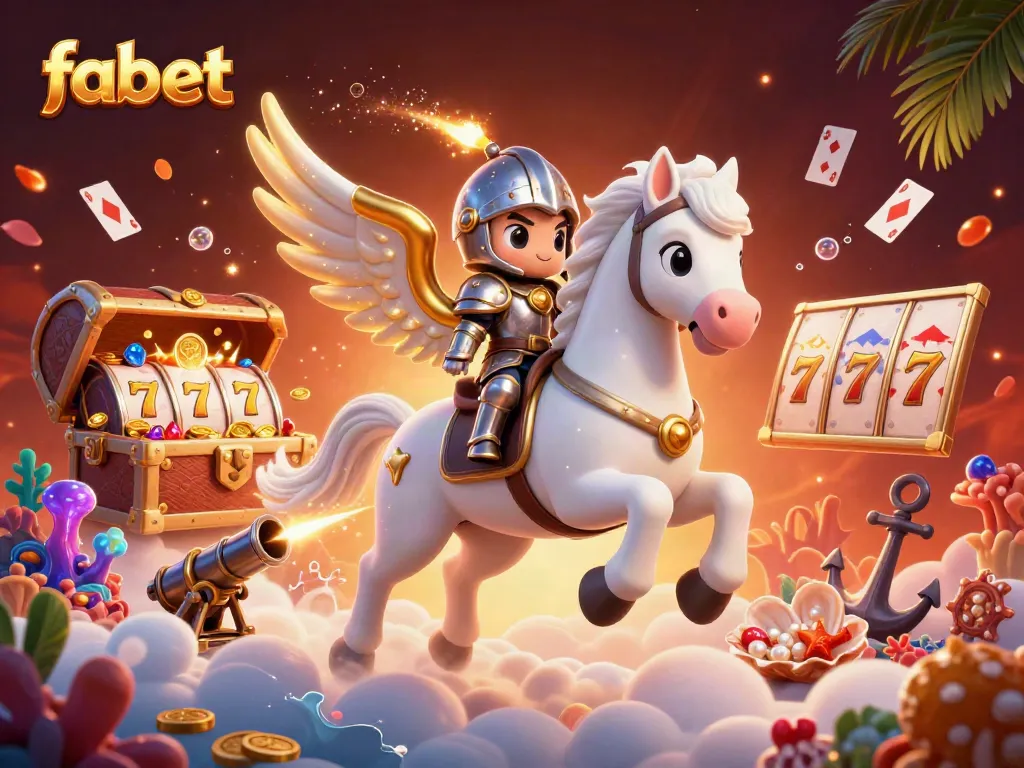 Experience fabet's thrilling gaming environment with a celestial white horse amidst vibrant slots and treasures.