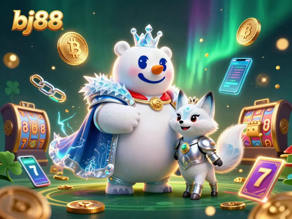 Engage with bj88's vibrant casino scene showcasing the ice king polar bear and crypto coins.