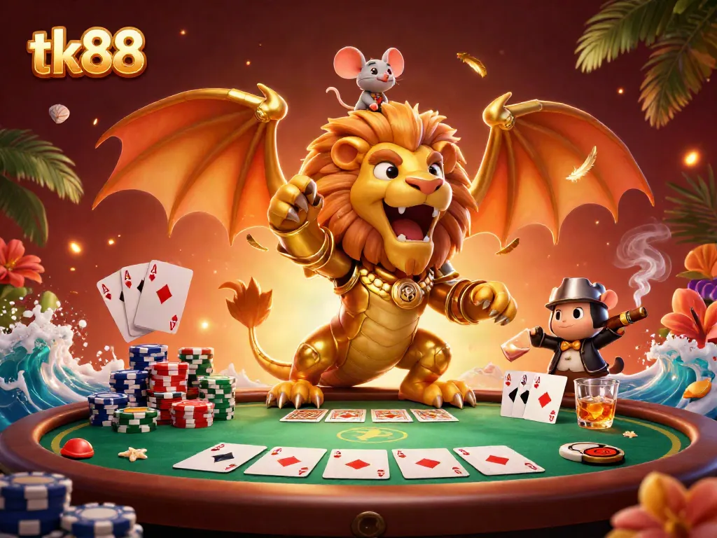 Experience thrilling wins with tk88's vibrant casino scene featuring a chimera and poker elements.