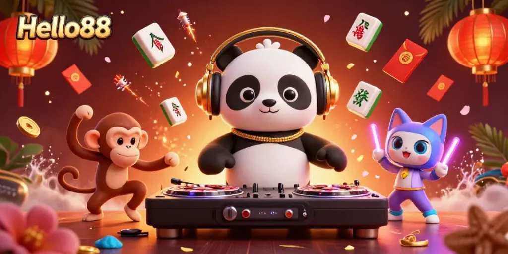 Engaging scene of Hello88 with DJ panda, breakdancing monkey, and glow-stick kitten among festive gaming elements.