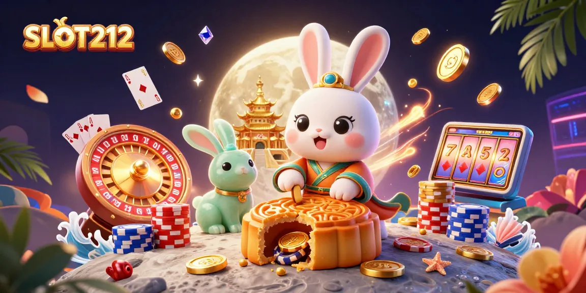 SLOT212 captivates with a dazzling scene of a moon rabbit crafting mooncakes revealing poker chips amidst cascading gold coins and vibrant poker elements.