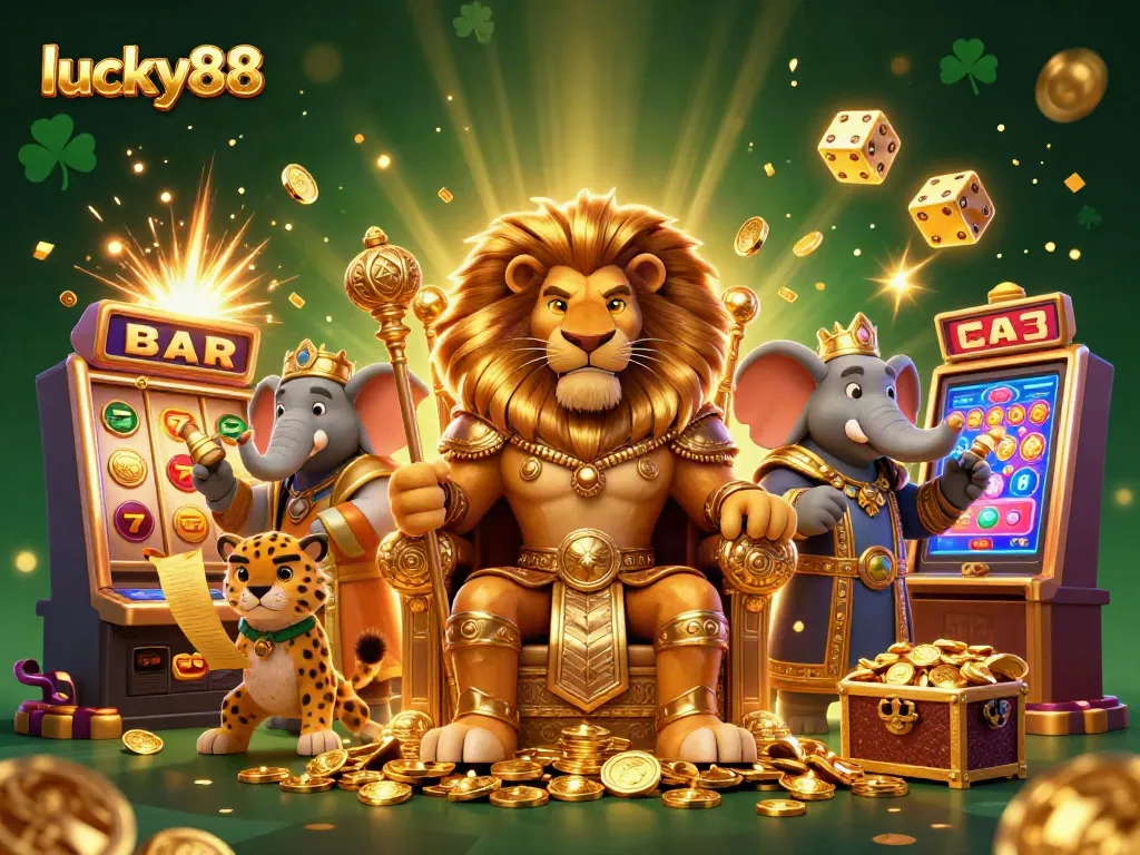 Experience exciting wins at lucky88 with a vibrant 3D casino scene featuring a lion king and dynamic gaming elements.