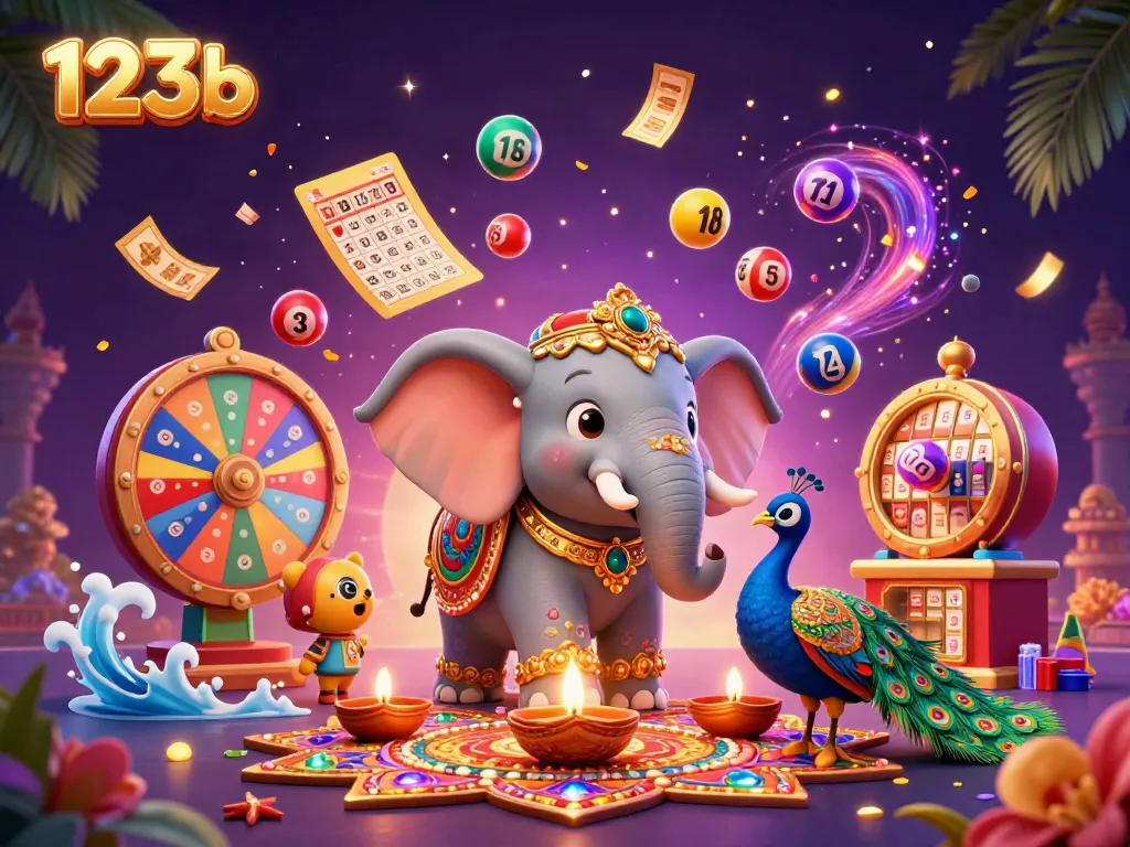 Engage with the vibrant atmosphere of 123b's gaming world featuring a colorful elephant and peacock.