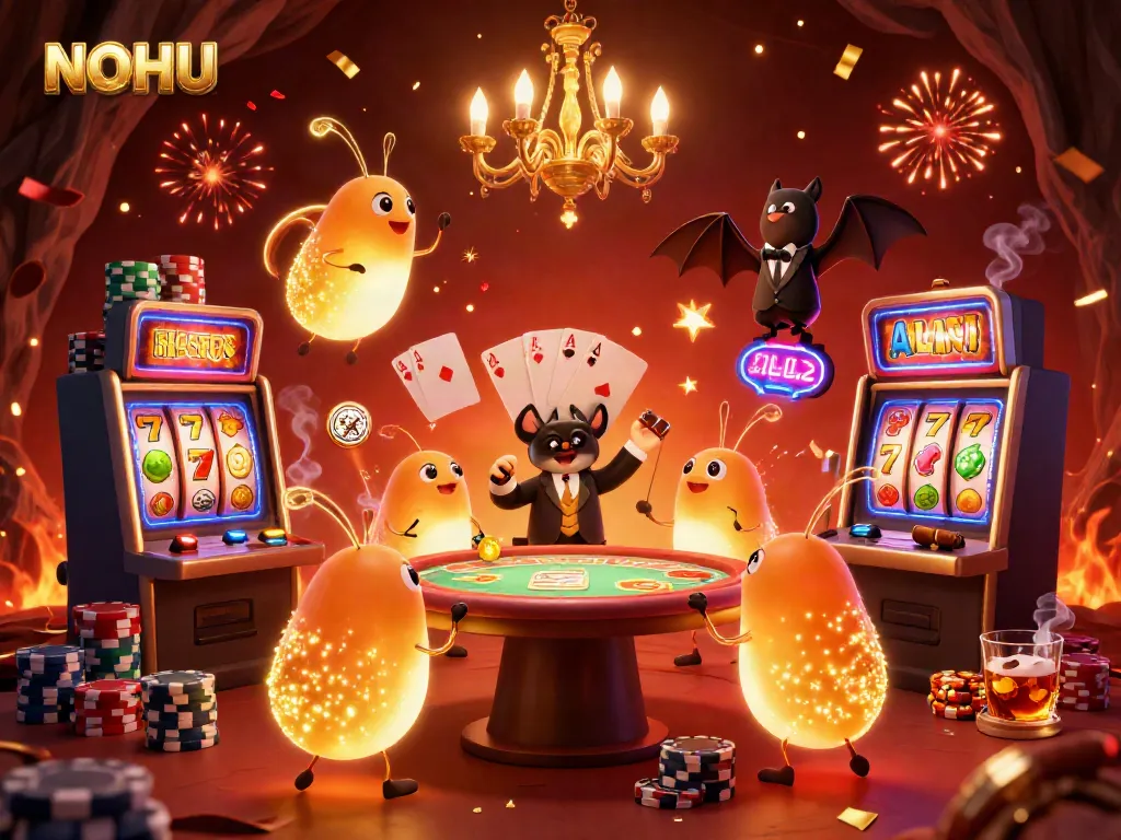 Experience dazzling NOHU underwater slots with illuminated glowworms and a bat dealer in a vibrant casino scene.