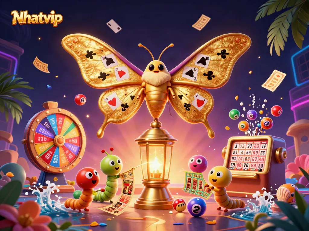 Nhatvip's vibrant casino scene featuring a majestic moth and interactive gaming elements