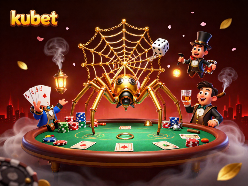 Kubet shows a playful steampunk spider amidst poker chaos, capturing dice in a golden web.