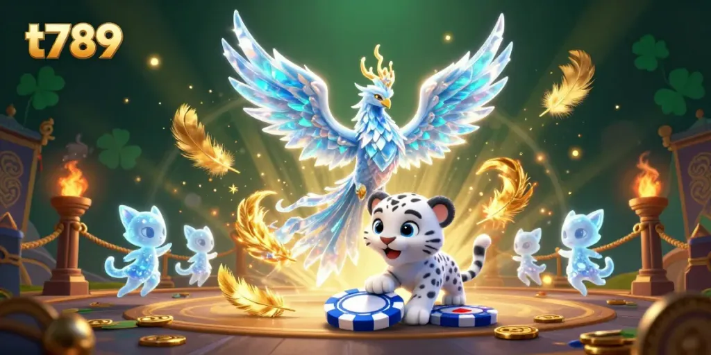 Experience exciting t789 gameplay featuring an ice phoenix, snow leopard cub, and dancing ice sprites.