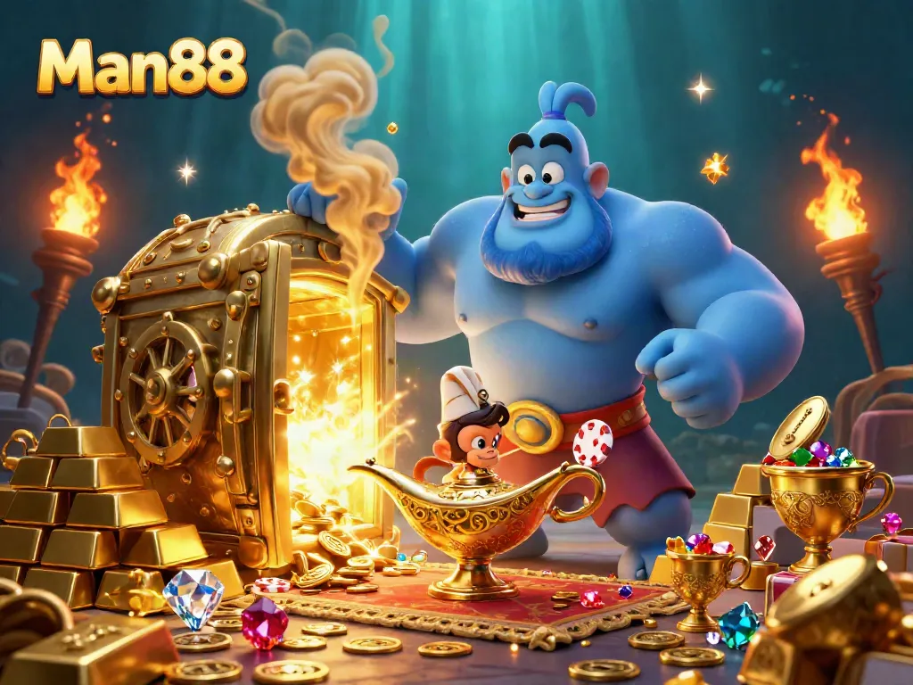 Win big with Man88's vibrant casino scene featuring a magical genie and playful monkey.