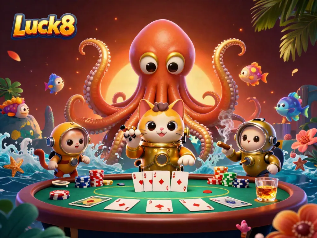 Luck8 brings excitement to players with a giant kraken and a diving cat surrounded by poker excitement.