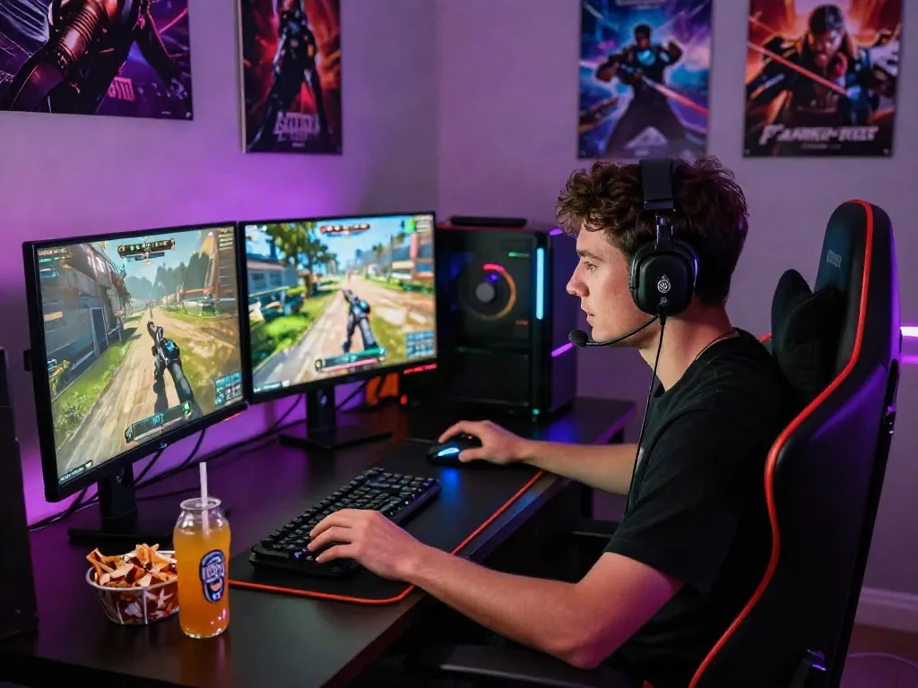 Gamer immersed in an exciting session with warung168, showcasing vibrant gaming setup and dual monitors.