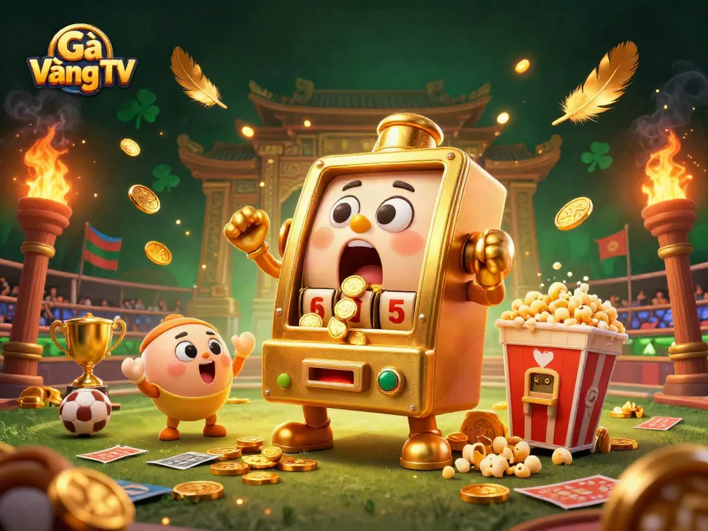 Engage with Gà Vàng TV as a golden slot machine hits the jackpot amidst a vibrant gambling scene.