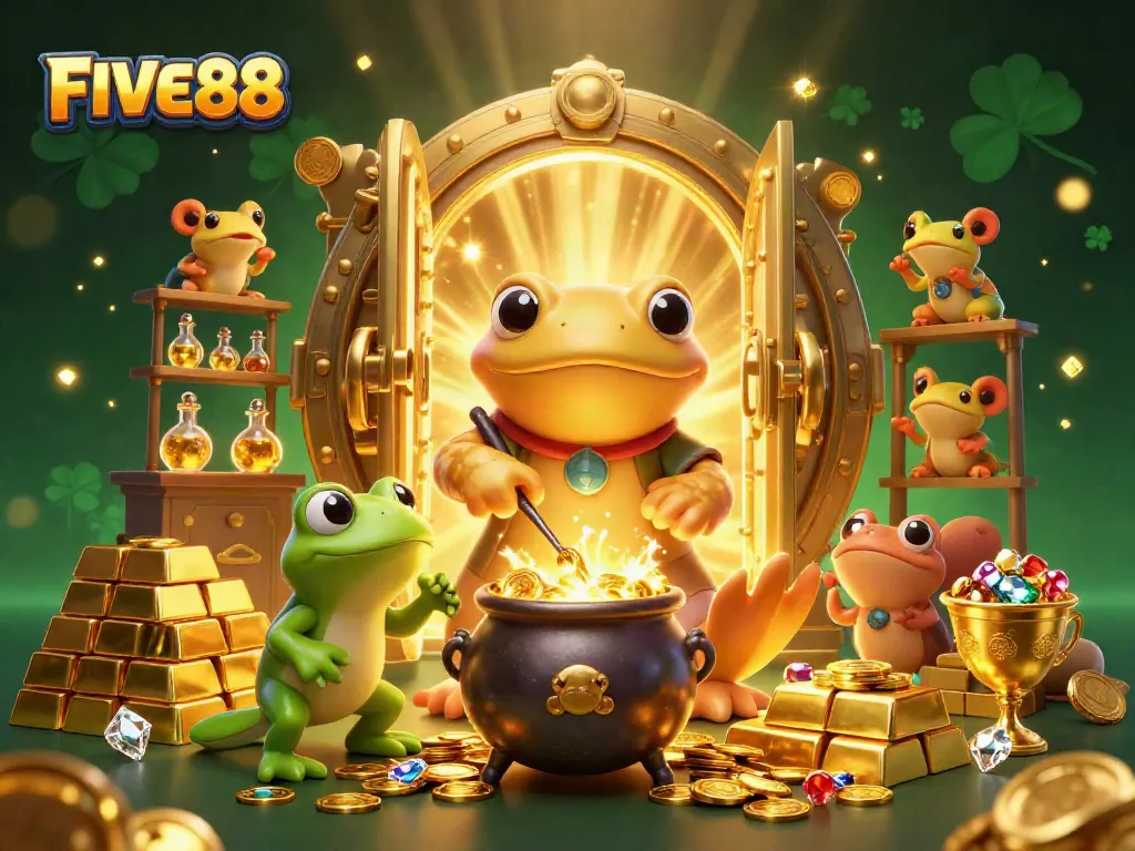Engage with FIVE88's exciting game dynamics in a vibrant, magical 3D casino illustration.