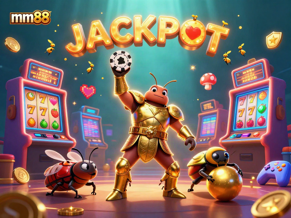Win big at mm88 with a victorious beetle lifting a poker chip amidst dazzling slot machines.
