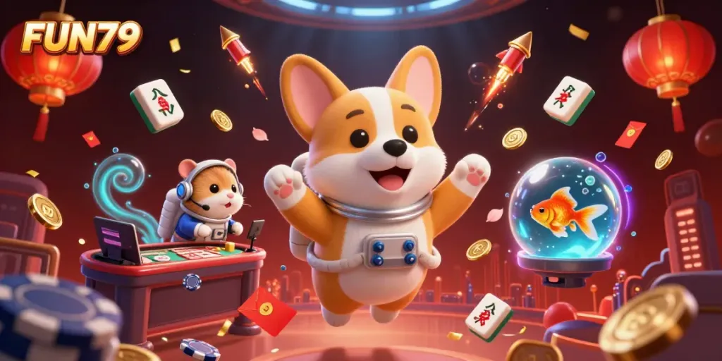 Play exciting games at FUN79 with a colorful 3D casino illustration featuring a corgi astronaut.
