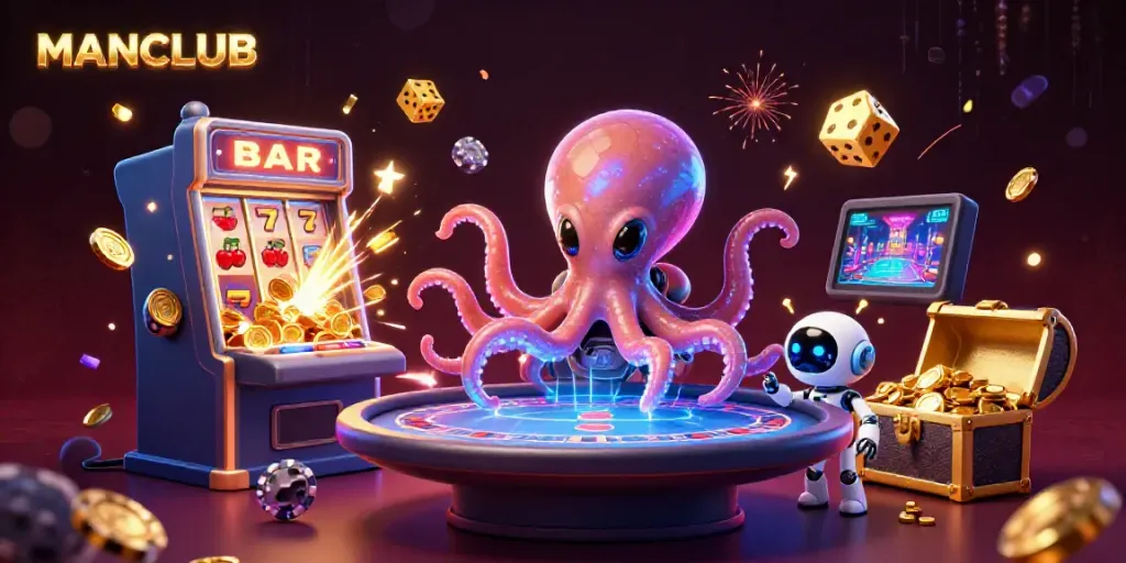 Experience the MANCLUB thrill with an exciting casino adventure featuring a galactic octopus at a poker table.