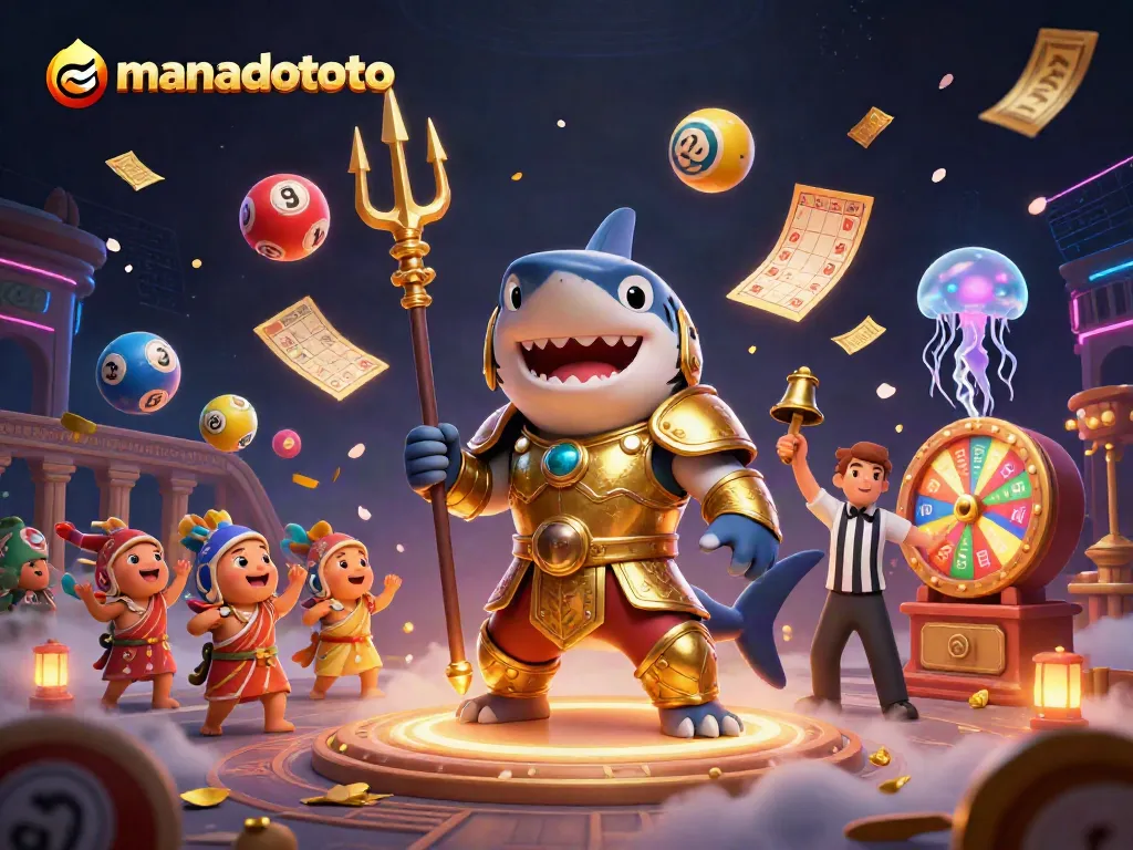 Join the action with manadototo, featuring a fierce tiger shark and vibrant lottery elements in an immersive underwater scene.