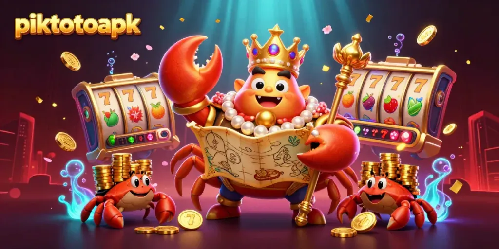 Engage with piktotoapk's thrilling slots as the golden crab emperor oversees jackpot wins in a vibrant, enchanting setting.