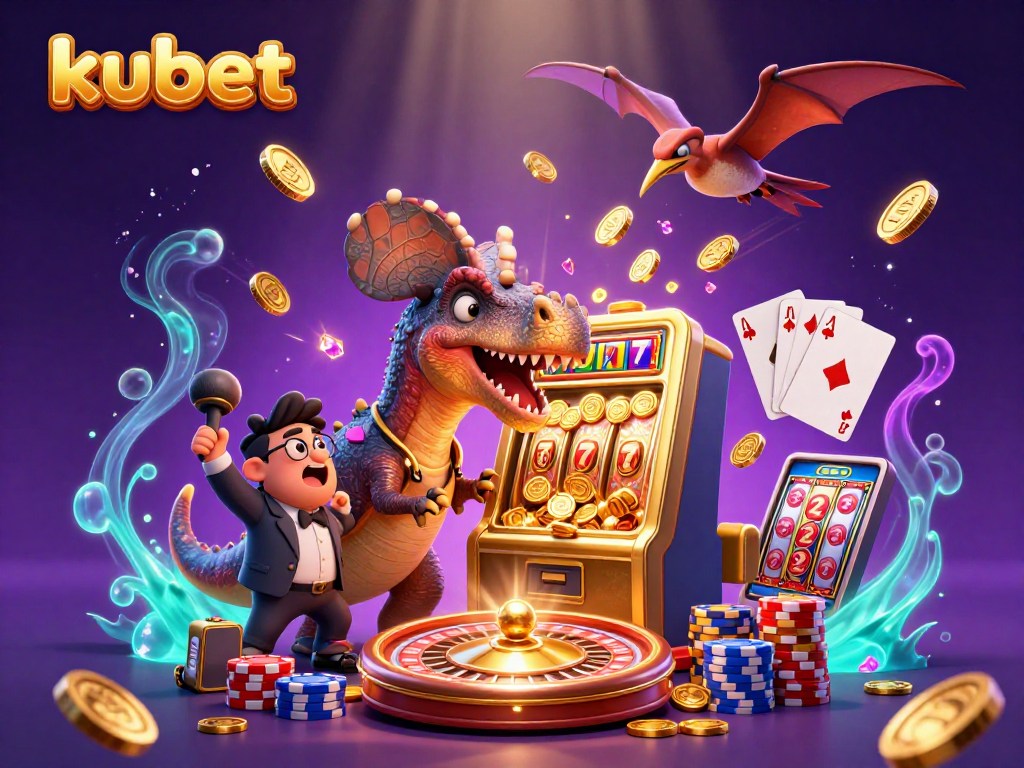 kubet showcases 3D pachycephalosaurus winning jackpots in a vibrant casino, with coins flying