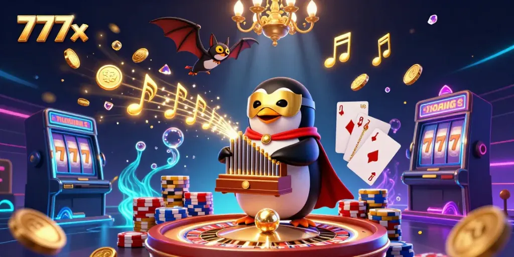 Experience thrilling gameplay with 777x, as a penguin plays the organ, ejecting coins.