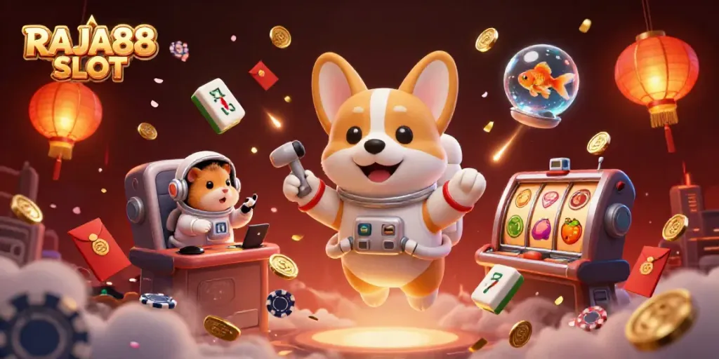 Engage with RAJA88 SLOT in a dynamic 3D cosmic casino scene featuring a floating corgi and animated elements.