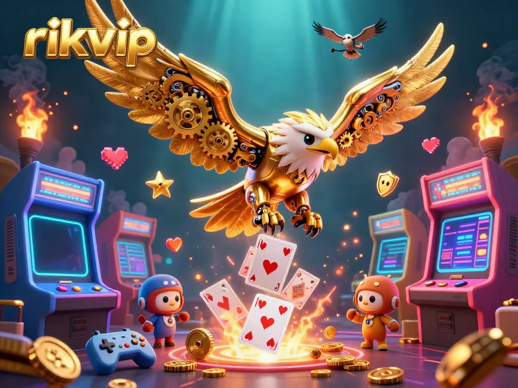 Experience exciting gameplay at rikvip with a 3D cybernetic eagle amidst vibrant game elements.
