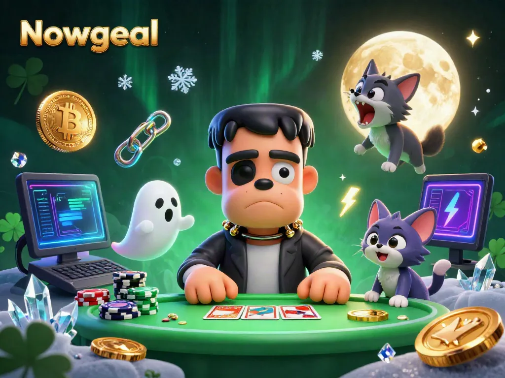 Experience Nowgoal's vibrant gaming atmosphere featuring unique characters and dynamic crypto elements at a haunted card table.