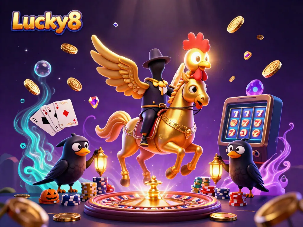 Experience excitement with Lucky8 featuring a golden rooster and glowing casino elements.