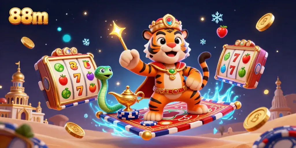 Experience the magic of 88m with an Arabian Nights theme showcasing slot reels and gold coins.
