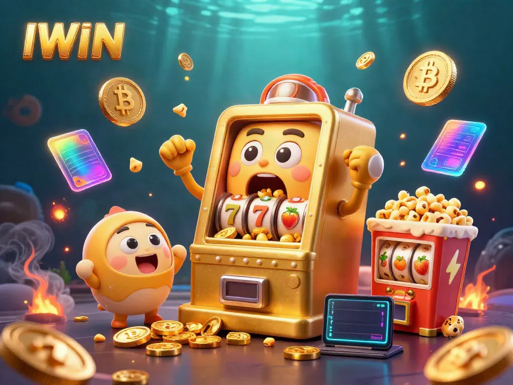 IWIN golden slot machine celebrating a jackpot win amidst coins and crypto elements, showcasing the excitement of gambling.