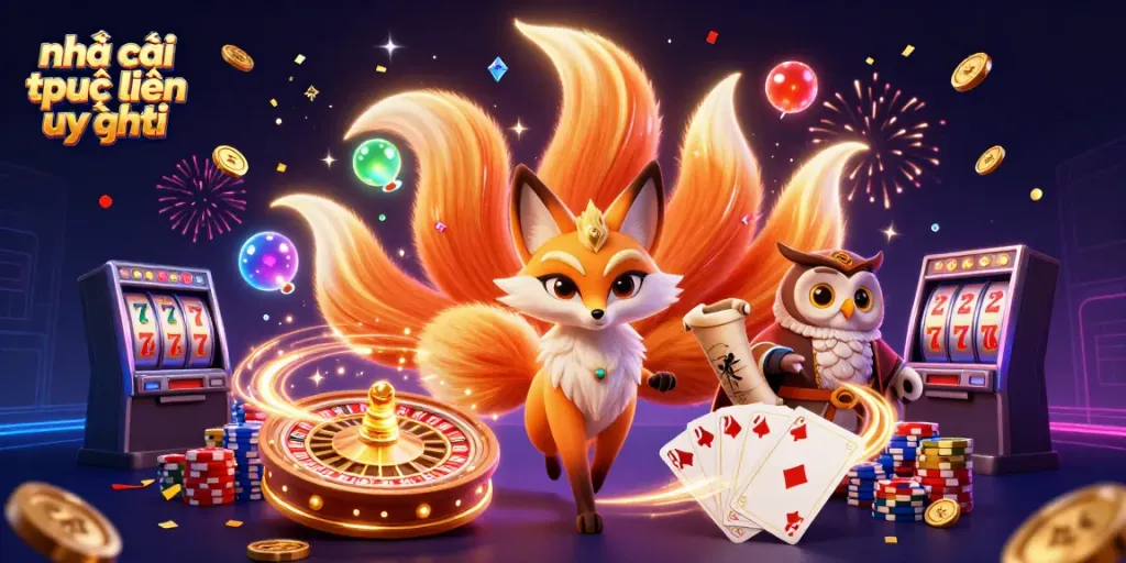 Experience the excitement of nhà cái trực tuyến uy tín with a vibrant 3D illustration of gambling elements and magical characters.