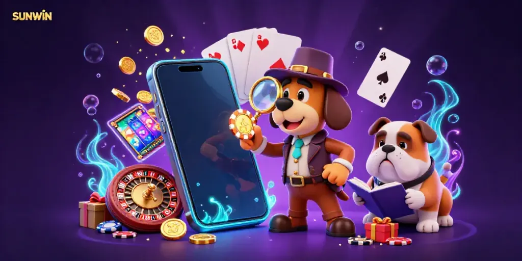 SUNWIN illustration featuring a 3D cartoon detective dog examining a poker chip clue amidst vibrant casino elements.