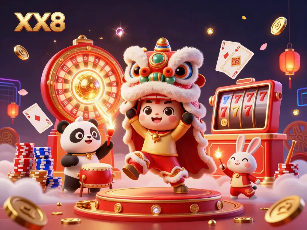 Experience the excitement of XX8 with a festive lion dance surrounded by dazzling casino elements.