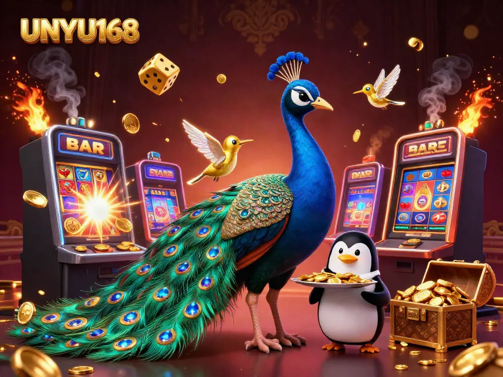 Memenangkan jackpot UNYU168 dengan slot dan karakter kasino yang berwarna-warni dan menyenangkan.